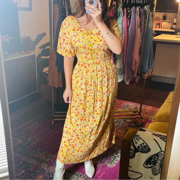 Vintage 90s Yellow Floral Midi Dress - Picture 4 of 13
